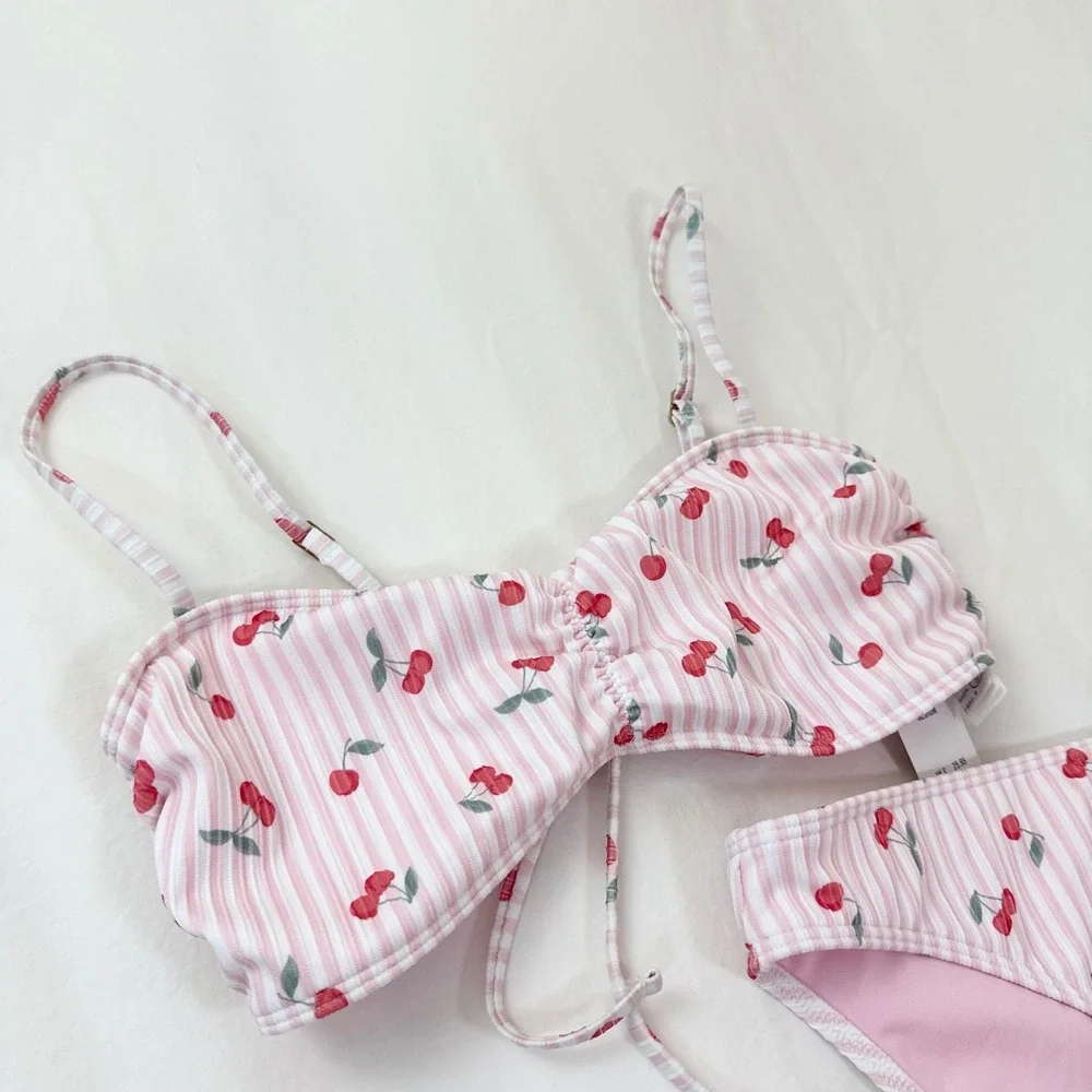 Hollister Cherry Stripe Bikini Set Pink Bandeau Tie Back Size M NWT